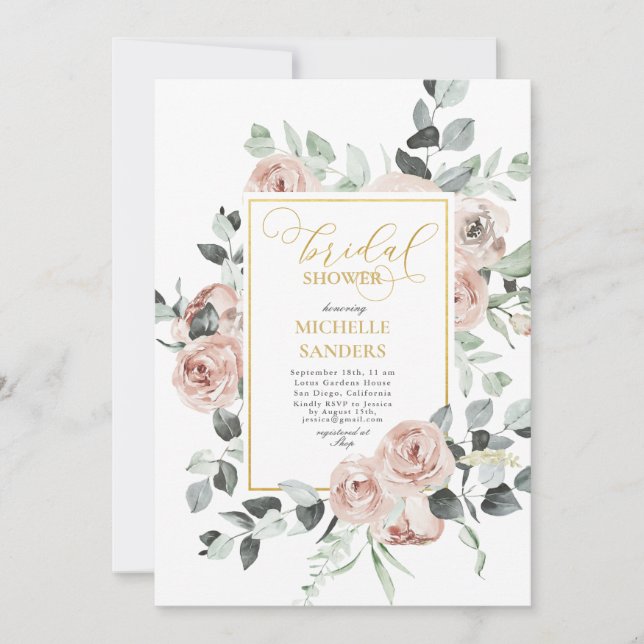 Invitación Watercolor Eucalyptus Dusty Rosa Bridal Shower (Anverso)