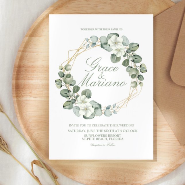 Invitación Watercolor Eucalyptus Faux Gold Wreath Boda (Subido por el creador)