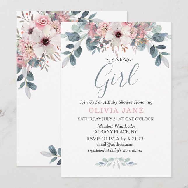 Invitación Watercolor Eucalyptus Floral Baby Shower (Anverso / Reverso)