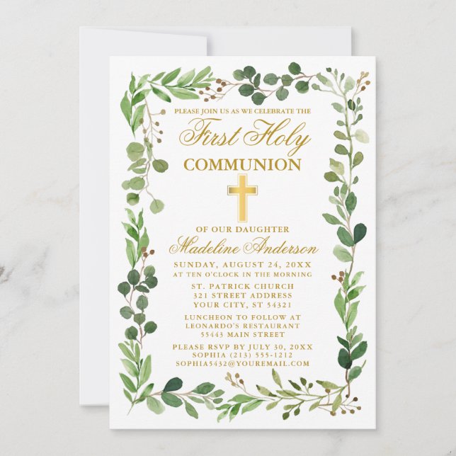 Invitación Watercolor Eucalyptus Frame First Community Gold (Anverso)