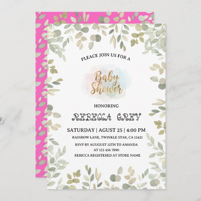 Invitación Watercolor Eucalyptus Gender Neutral Baby Shower (Anverso / Reverso)