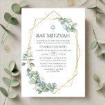 Invitación Watercolor Eucalyptus Geométrico Bat Mitzvah<br><div class="desc">Invitación de mitzvah de murciélago de eucalipto forestal con personalizable de marco geométrico dorado a los detalles del evento. Celebre este importante hito con una elegante invitación a Bat Mitzvah con acentos de eucalipto de color suave y un moderno marco geométrico de oro. La tipografía limpia y el diseño minimalista...</div>