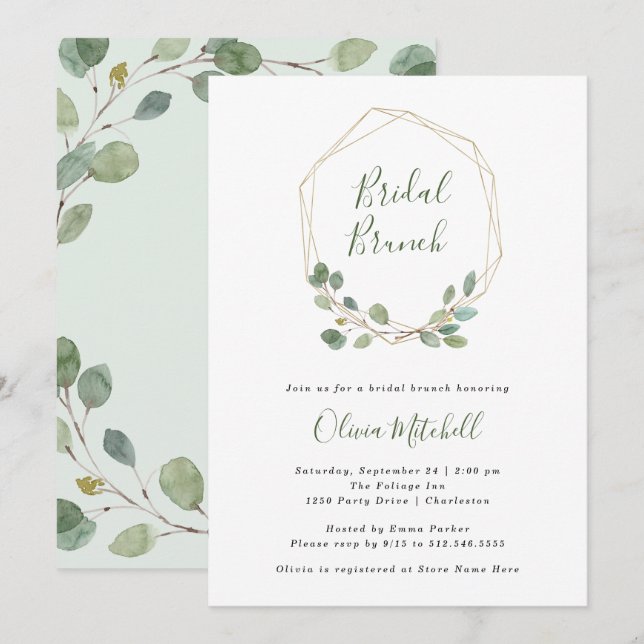 Invitación Watercolor Eucalyptus Gold Geometric Bridal Brunch (Anverso / Reverso)