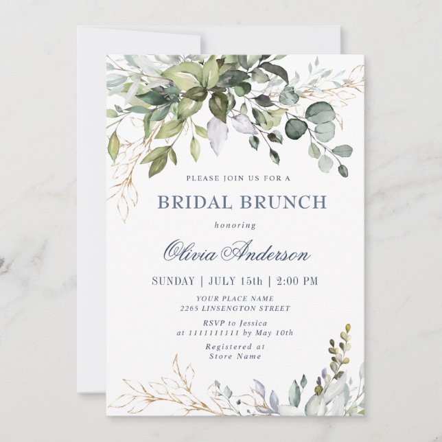 Invitación Watercolor Eucalyptus Green Brunch BRIDAL (Anverso)