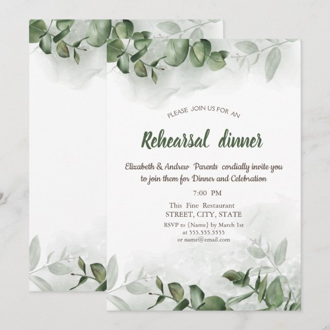 Invitación Watercolor Eucalyptus Greeneration Rehearsal Dinne (Anverso / Reverso)