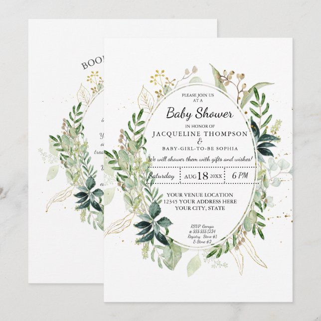 Invitación Watercolor Eucalyptus Greenereneration n Gold Baby (Anverso / Reverso)