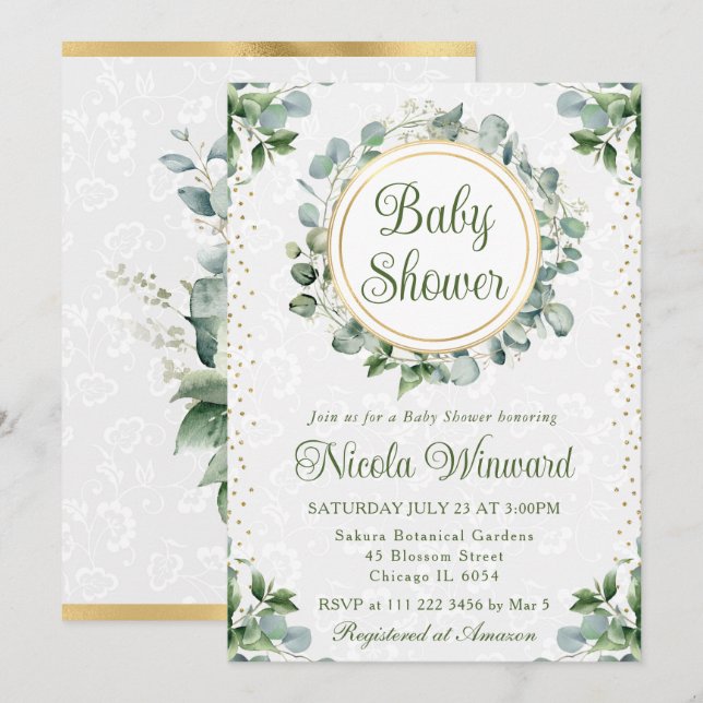 Invitación Watercolor Eucalyptus Greenery Baby Shower (Anverso / Reverso)