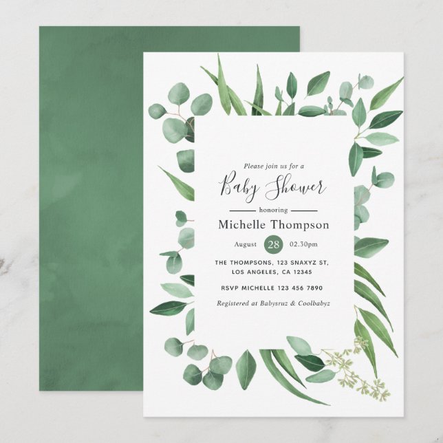 Invitación Watercolor Eucalyptus Greenery Baby Shower (Anverso / Reverso)