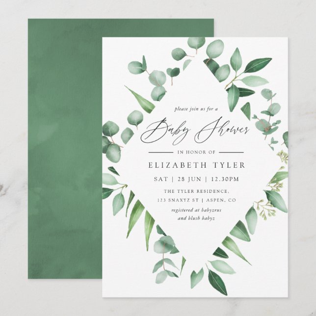 Invitación Watercolor Eucalyptus Greenery Baby Shower (Anverso / Reverso)