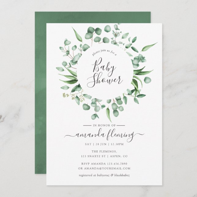 Invitación Watercolor Eucalyptus Greenery Baby Shower (Anverso / Reverso)
