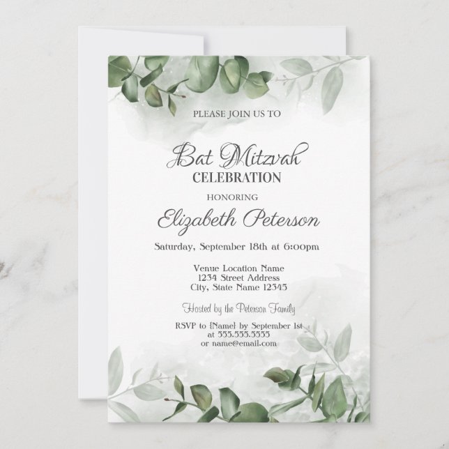 Invitación Watercolor Eucalyptus Greenery Bar Mitzvah (Anverso)