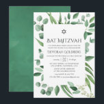 Invitación Watercolor Eucalyptus Greenery Bat Mitzvah<br><div class="desc">Invitación de mitzvah de murciélago de plata verde hoja con marco geométrico y tipografía de escritura a mano diseñada para ser rápida y fácilmente adaptada a las especificaciones de tu evento.</div>
