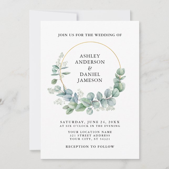 Invitación Watercolor Eucalyptus Greenery Boda Gold (Anverso)