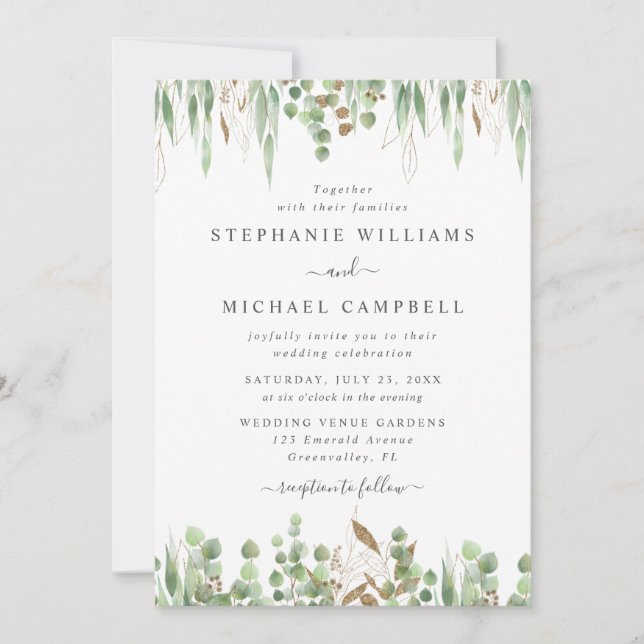 Invitación Watercolor Eucalyptus Greenery Boda moderno (Anverso)