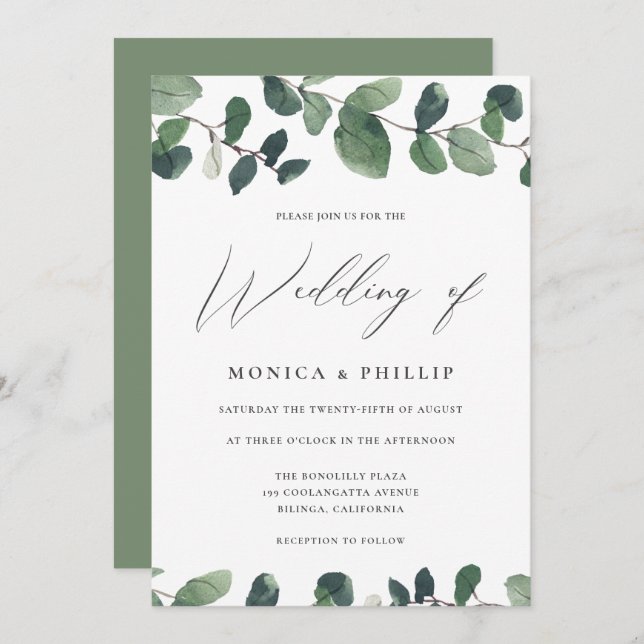 Invitación Watercolor Eucalyptus Greenery Boda moderno (Anverso / Reverso)