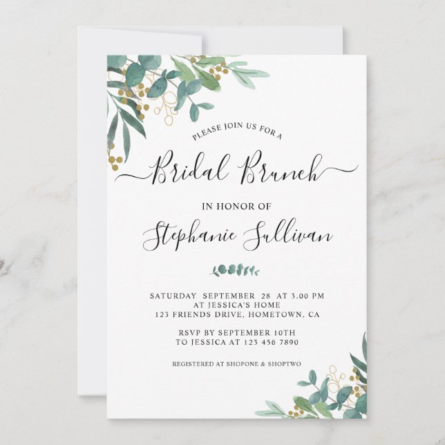 Invitación Watercolor Eucalyptus Greenery Bridal Brunch (Anverso)