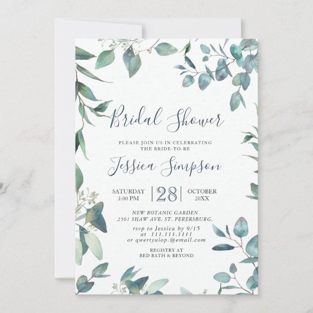 Invitación Watercolor Eucalyptus Greenery Bridal Brunch (Anverso)