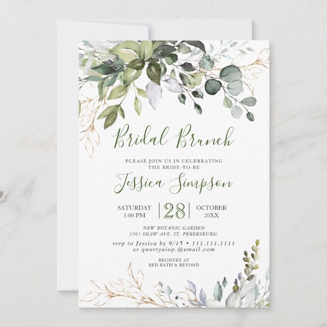Invitación Watercolor Eucalyptus Greenery Bridal Brunch (Anverso)