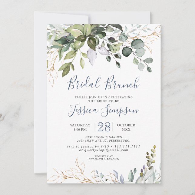 Invitación Watercolor Eucalyptus Greenery Bridal Brunch (Anverso)
