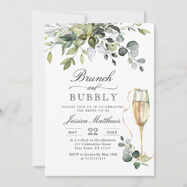 Invitación Watercolor Eucalyptus Greenery Brunch & Bubbly (Anverso)