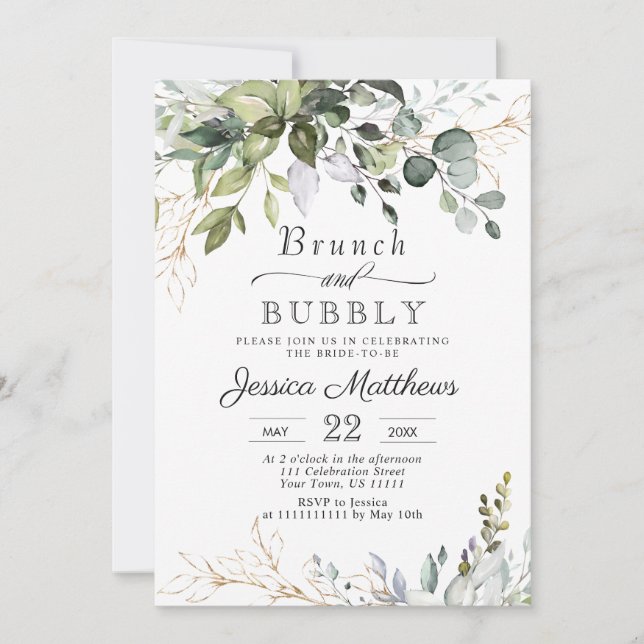 Invitación Watercolor Eucalyptus Greenery Brunch & Bubbly (Anverso)