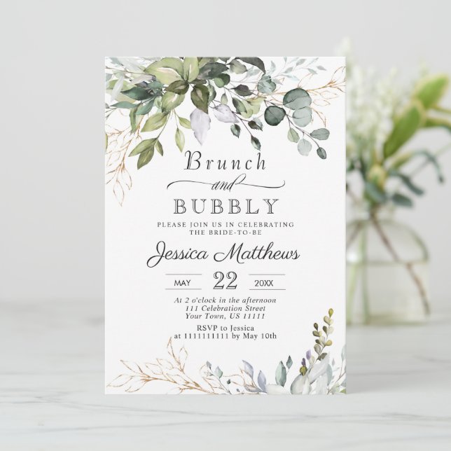 Invitación Watercolor Eucalyptus Greenery Brunch & Bubbly (Anverso de pie)
