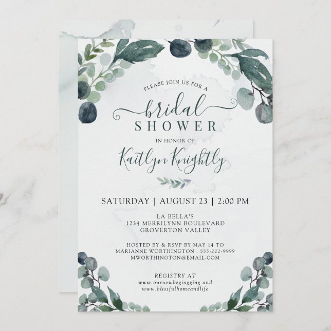Invitación Watercolor Eucalyptus Greenery Ducha Bridal (Anverso / Reverso)
