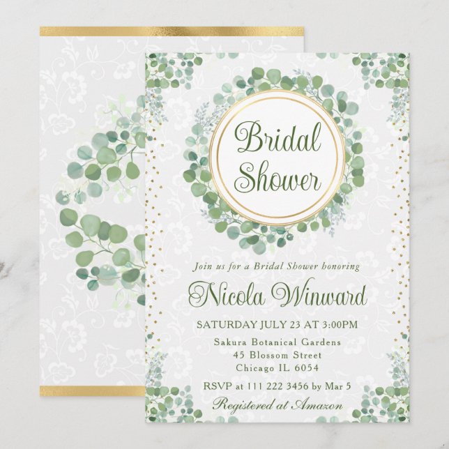 Invitación Watercolor Eucalyptus Greenery Ducha Bridal (Anverso / Reverso)