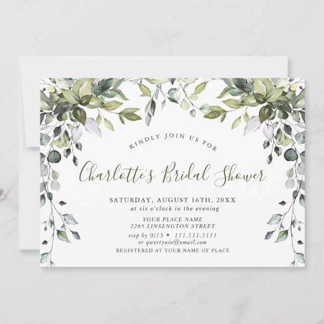 Invitación Watercolor Eucalyptus Greenery Ducha Bridal (Anverso)