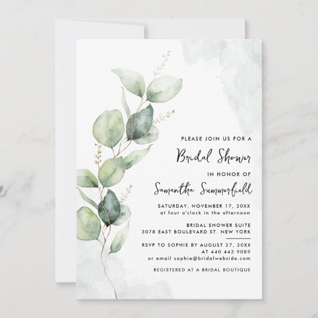 Invitación Watercolor Eucalyptus Greenery Ducha Bridal (Anverso)