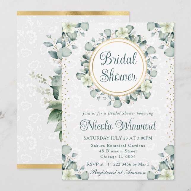 Invitación Watercolor Eucalyptus Greenery Ducha Bridal (Anverso / Reverso)