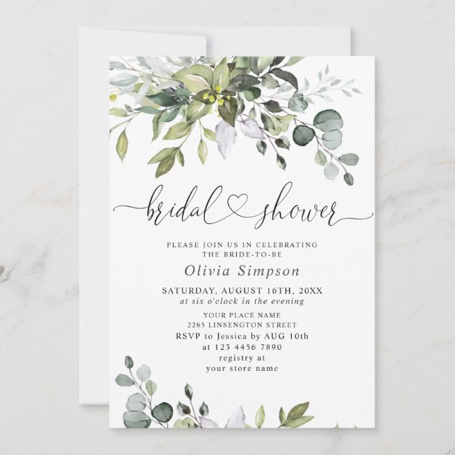Invitación Watercolor Eucalyptus Greenery Ducha Bridal (Anverso)