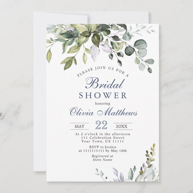 Invitación Watercolor Eucalyptus Greenery Ducha Bridal (Anverso)