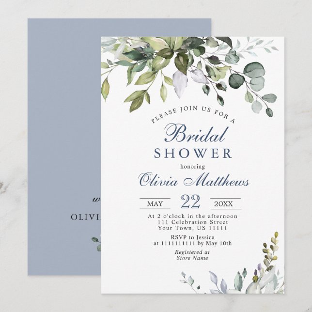 Invitación Watercolor Eucalyptus Greenery Ducha Bridal (Anverso / Reverso)