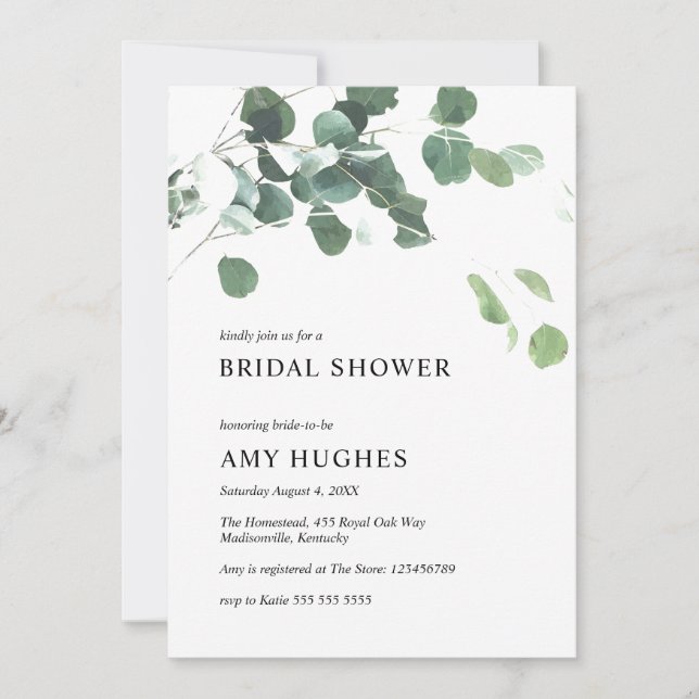 Invitación Watercolor Eucalyptus Greenery Ducha Bridal (Anverso)