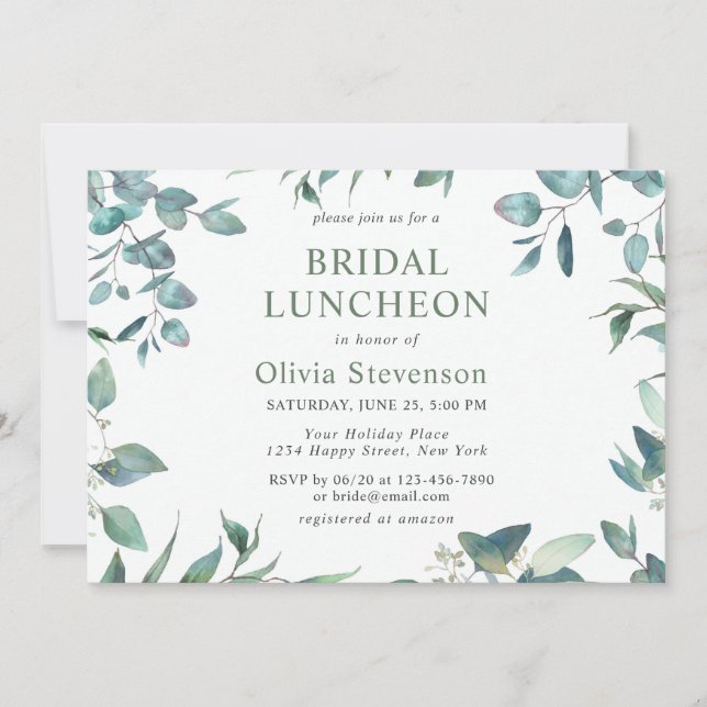 Invitación Watercolor Eucalyptus Greenery Ducha Bridal (Anverso)