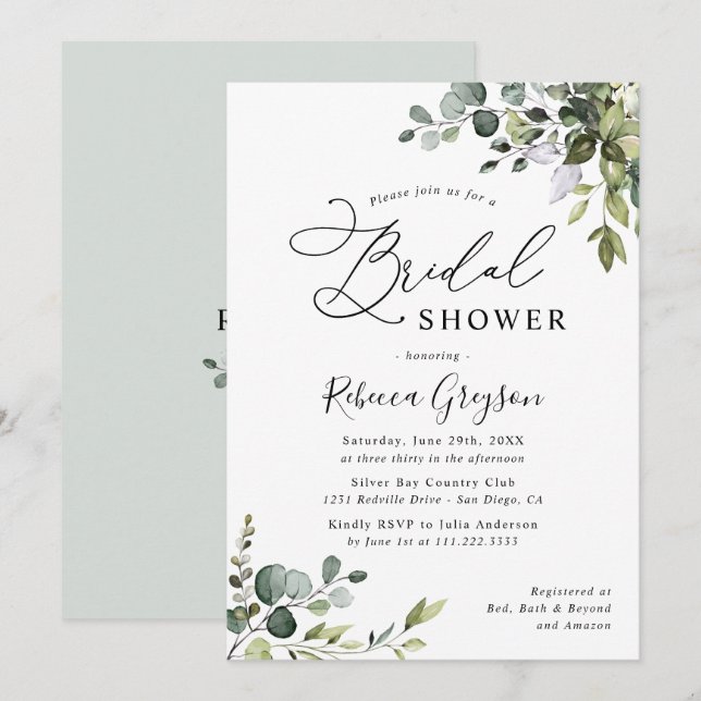 Invitación Watercolor Eucalyptus Greenery Ducha Bridal (Anverso / Reverso)