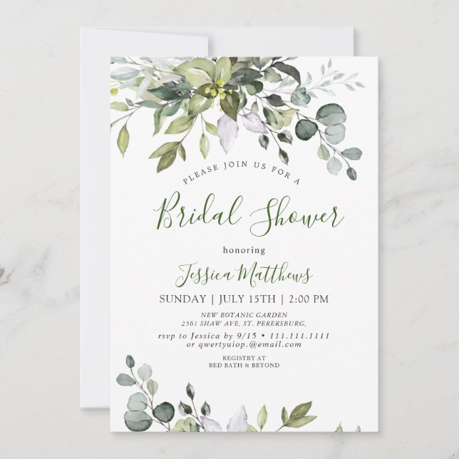 Invitación Watercolor Eucalyptus Greenery Ducha Bridal (Anverso)