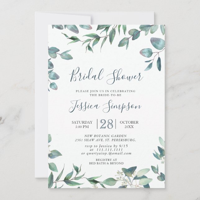 Invitación Watercolor Eucalyptus Greenery Ducha Bridal (Anverso)