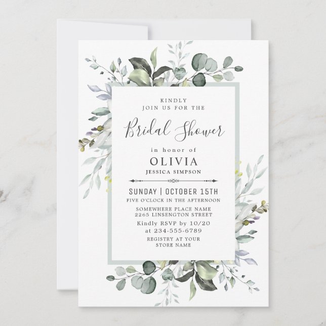 Invitación Watercolor Eucalyptus Greenery Ducha Bridal (Anverso)