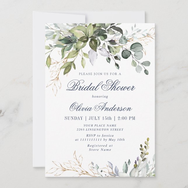 Invitación Watercolor Eucalyptus Greenery Ducha Bridal (Anverso)