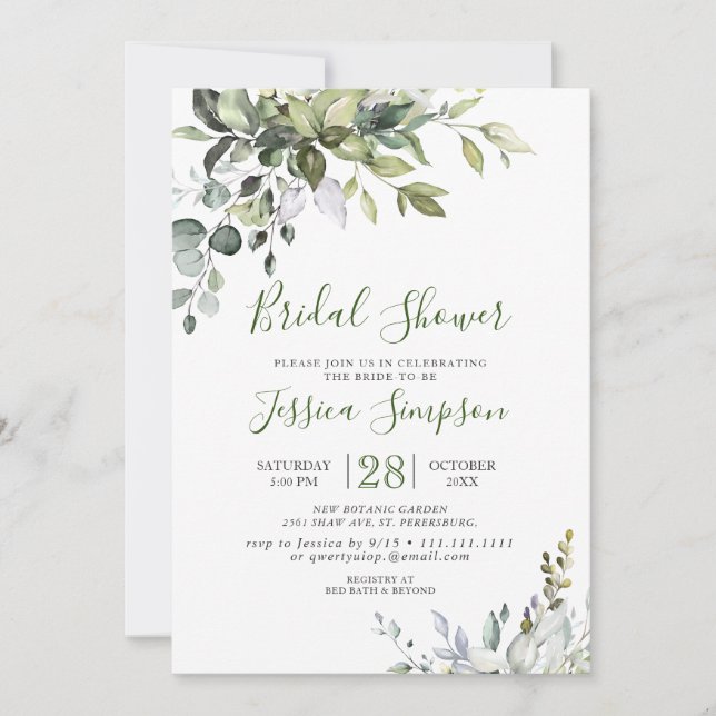 Invitación Watercolor Eucalyptus Greenery Ducha Bridal (Anverso)