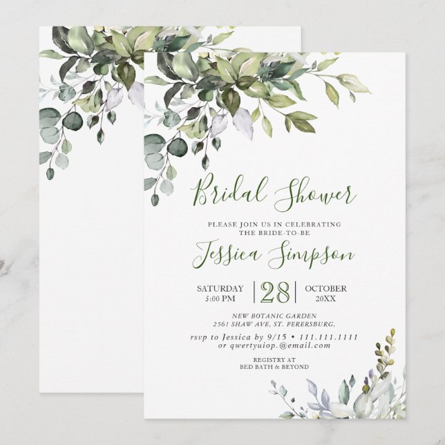 Invitación Watercolor Eucalyptus Greenery Ducha Bridal (Anverso / Reverso)