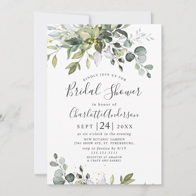 Invitación Watercolor Eucalyptus Greenery Ducha Bridal (Anverso)