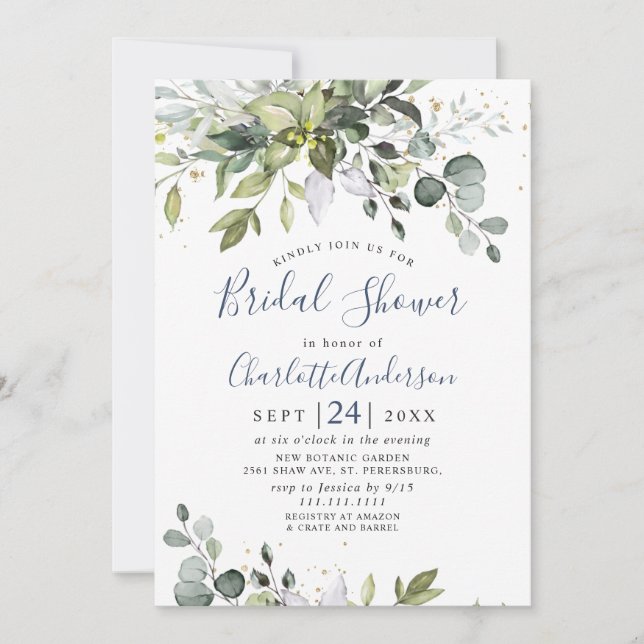 Invitación Watercolor Eucalyptus Greenery Ducha Bridal (Anverso)