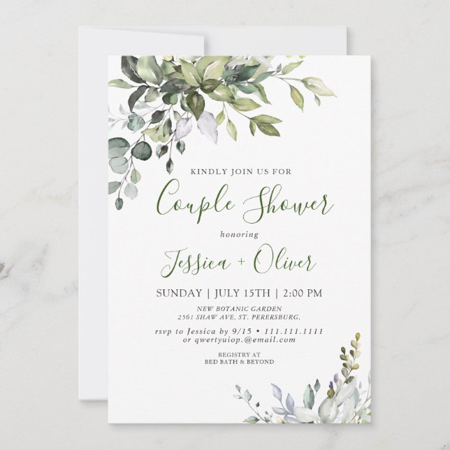Invitación Watercolor Eucalyptus Greenery Ducha Pareja (Anverso)