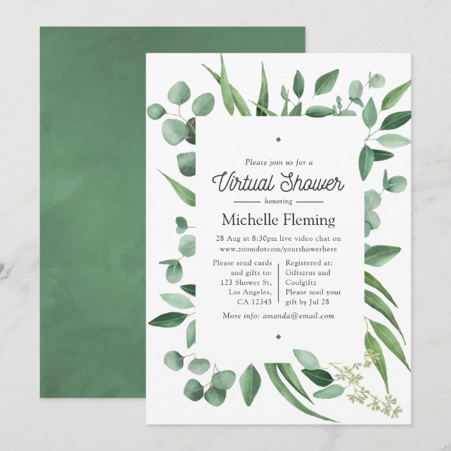 Invitación Watercolor Eucalyptus Greenery Ducha Virtual (Anverso / Reverso)