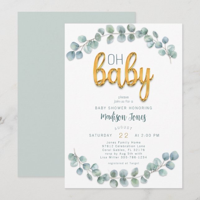 Invitación Watercolor Eucalyptus Greenery Gold Baby Shower (Anverso / Reverso)