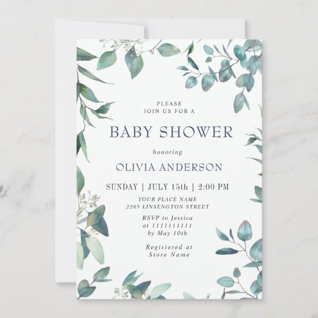 Invitación Watercolor Eucalyptus Greenery NEUTRAL Baby Shower (Anverso)