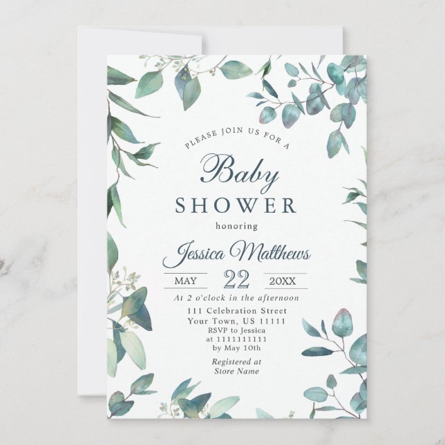 Invitación Watercolor Eucalyptus Greenery NEUTRAL Baby Shower (Anverso)